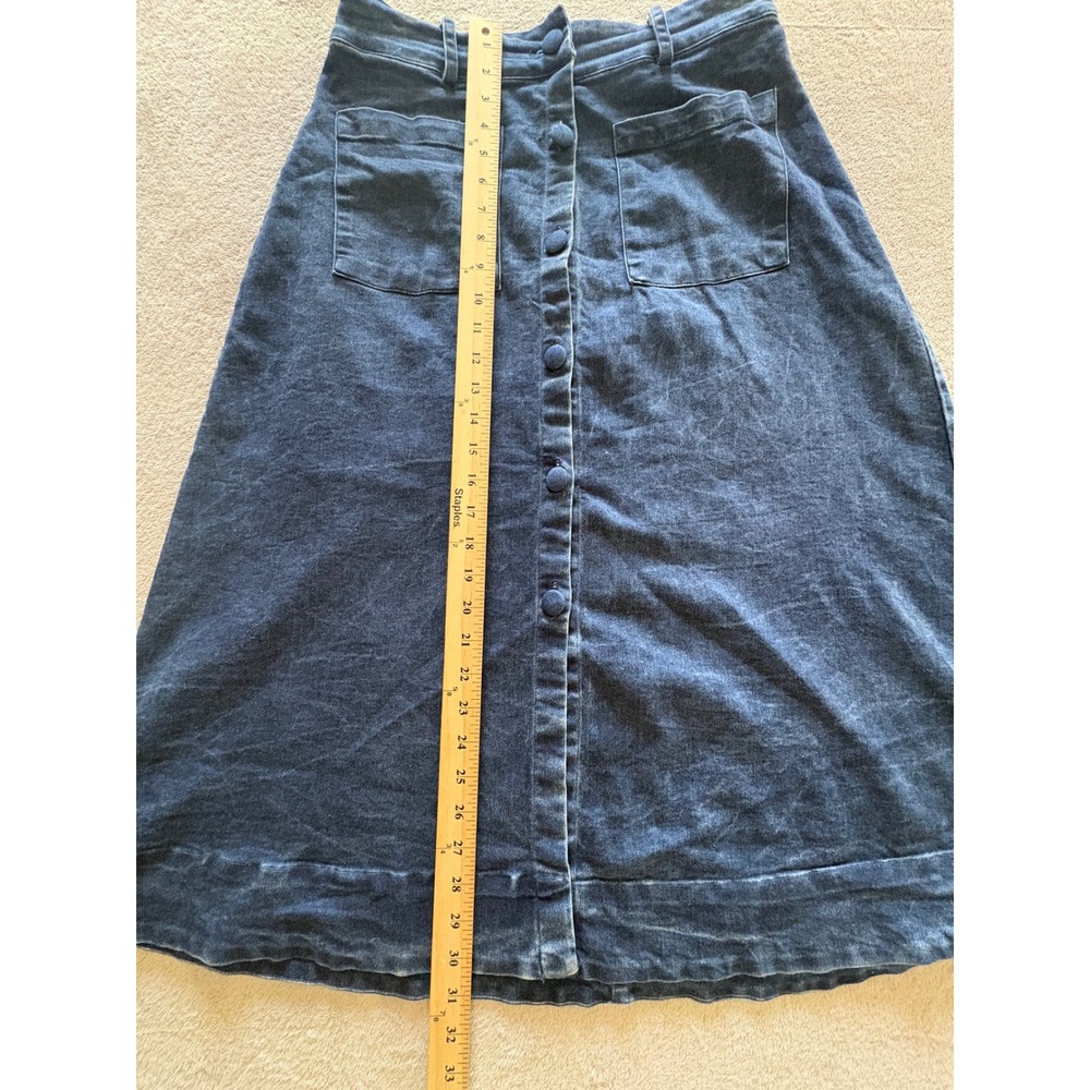 Free People Dark Wash Denim Button Front Midi Skirt A-Line Patch Pockets Size 8 - Picture 3 of 6